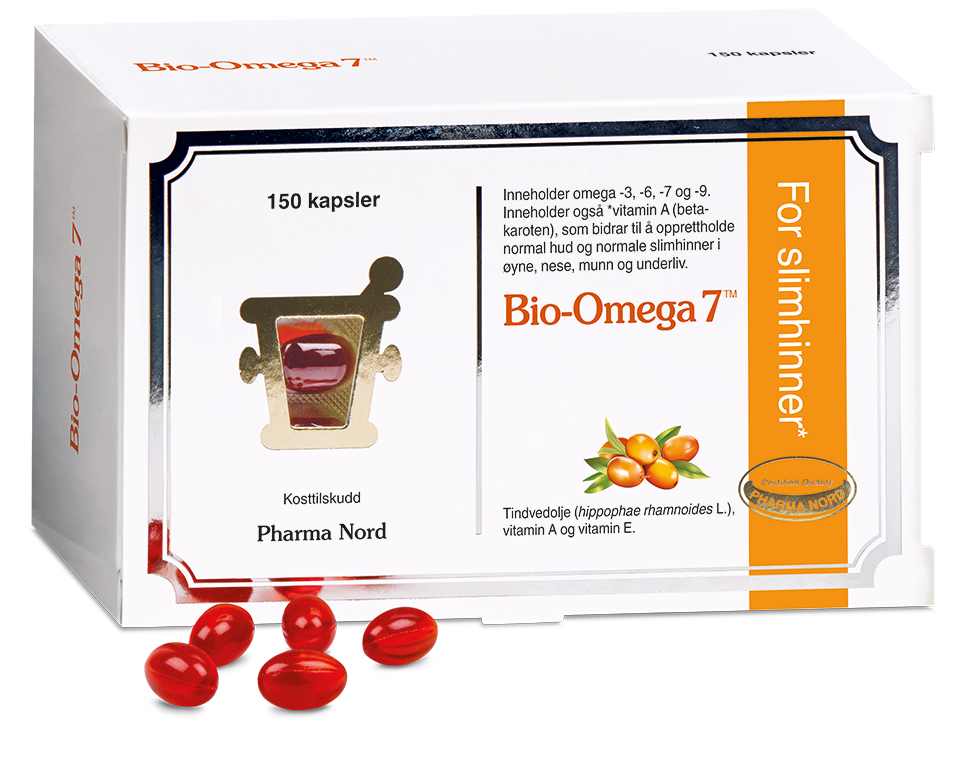 Pharma Nord Bio-Omega 7, eske med 150 kapsler og røde Omega-7-kapsler foran
