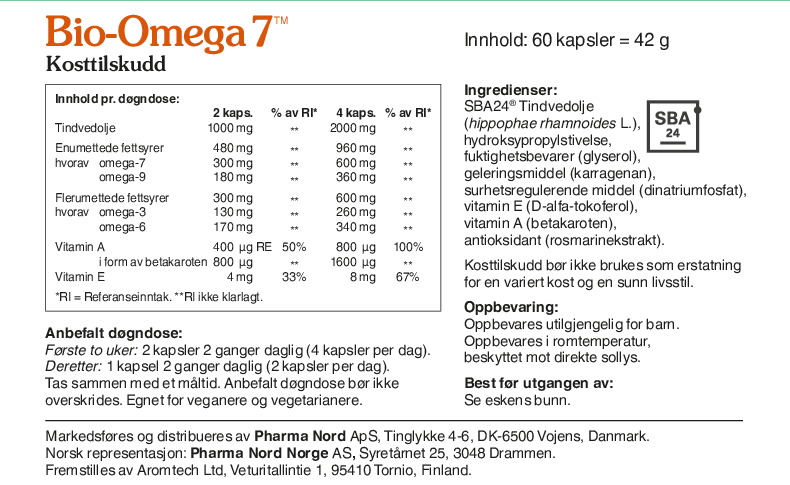 Pharma Nord Bio-Omega 7, bakside av esken med 60 kapsler og innholdsfortegnelse