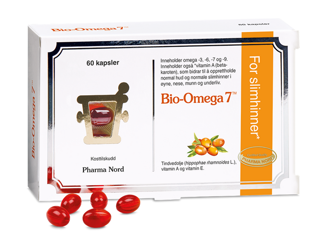 Pharma Nord Bio-Omega 7, eske med 60 kapsler og røde Omega-7-kapsler foran Suztain.no