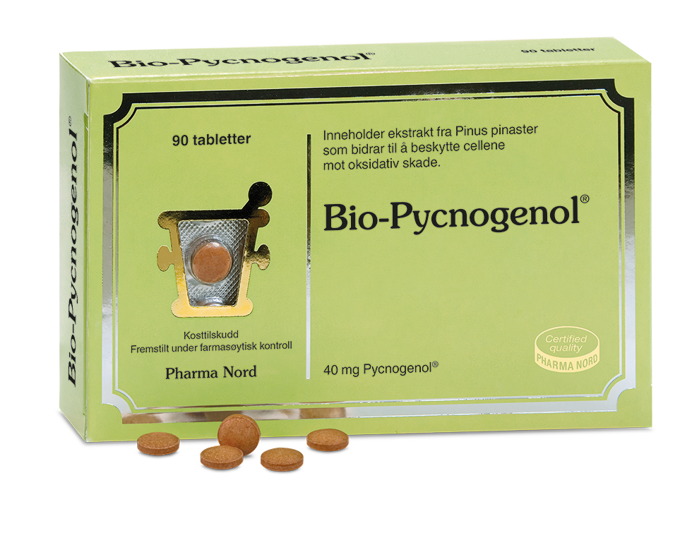 Pharma Nord Bio-Pycnogenol, eske med 90 tabletter og rødbrune tabletter foran