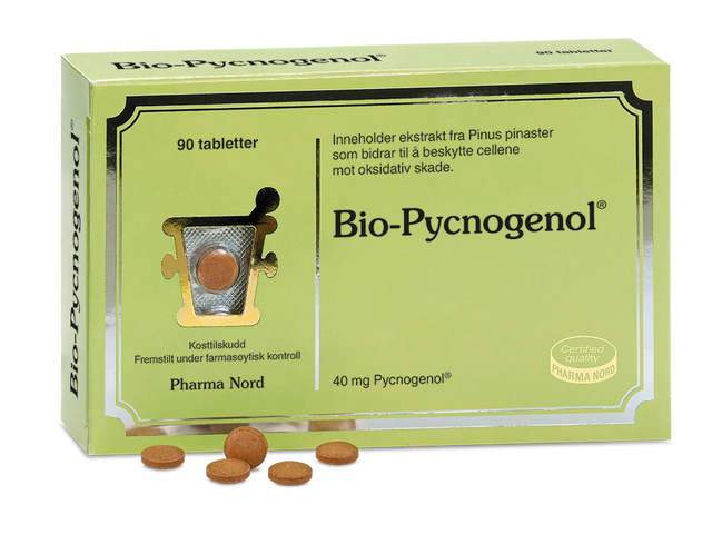 Pharma Nord Bio-Pycnogenol, eske med 90 tabletter og rødbrune tabletter foran Suztain.no