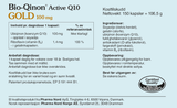 Pharma Nord Bio-Qinon Active Q10 Gold 100 mg, bakside av esken med 150 kapsler og innholdsfortegnelse