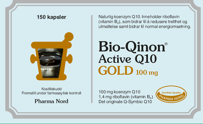 Pharma Nord Bio-Qinon Active Q10 Gold 100 mg, forside av brun eske med 150 kapsler