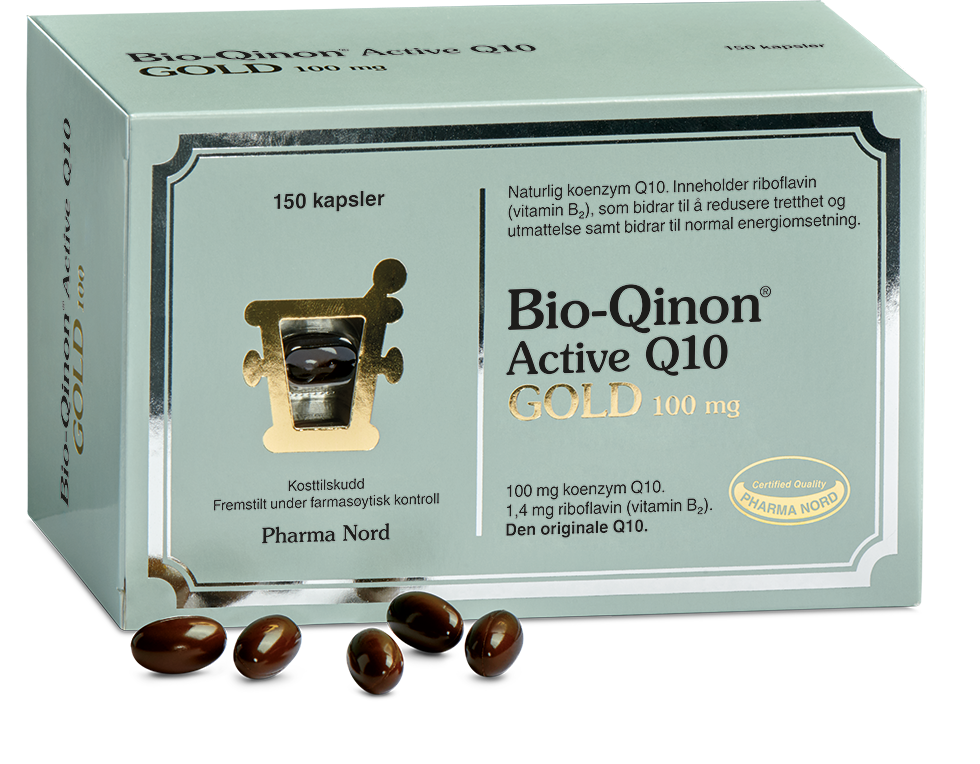 Pharma Nord Bio-Qinon Active Q10 Gold 100 mg, eske med 150 kapsler og brune Q10-kapsler foran