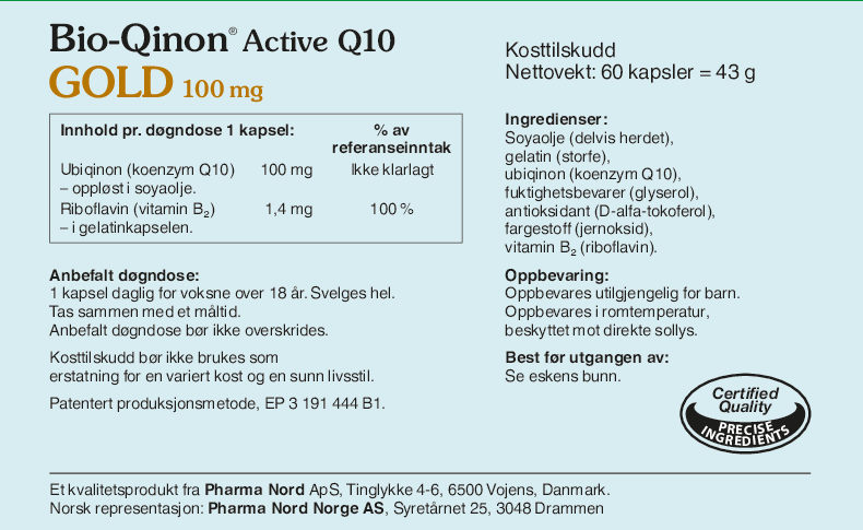 Pharma Nord Bio-Qinon Active Q10 Gold 100 mg, bakside av esken med 60 kapsler og innholdsfortegnelse