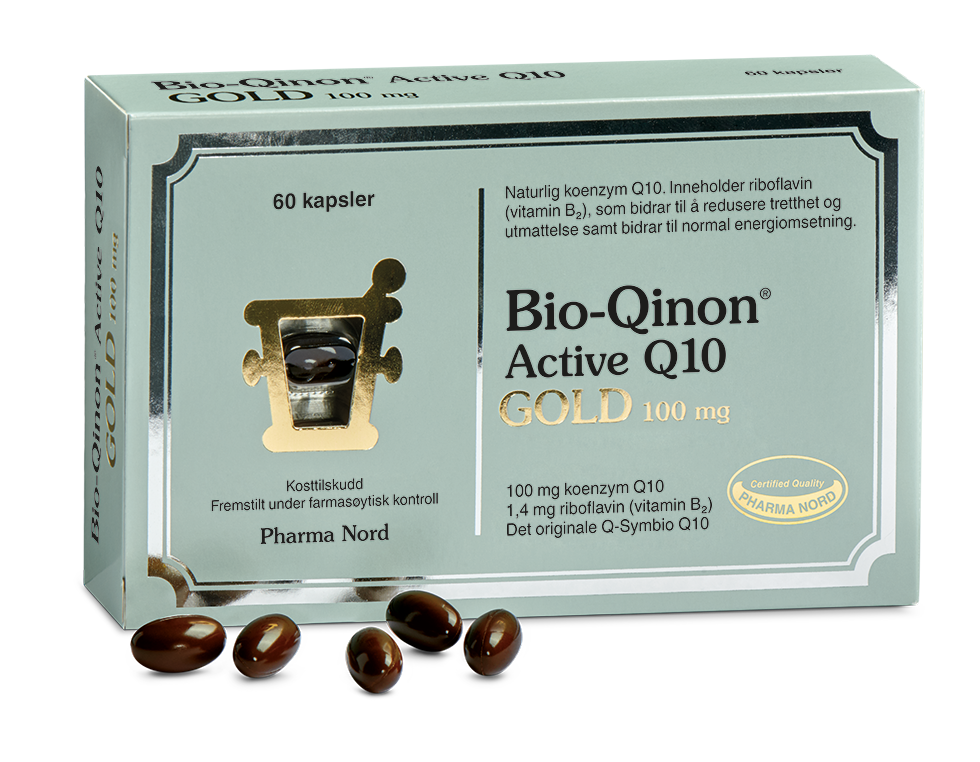Pharma Nord Bio-Qinon Active Q10 Gold 100 mg, eske med 60 kapsler og brune Q10-kapsler foran