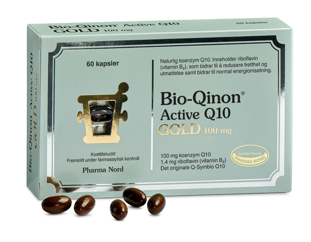 Pharma Nord Bio-Qinon Active Q10 Gold 100 mg, eske med 60 kapsler og brune Q10-kapsler foran Suztain.no