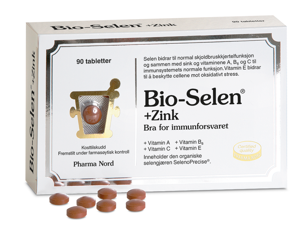 Pharma Nord Bio-Selen+Zink, eske med 90 tabletter og rødbrune tabletter foran