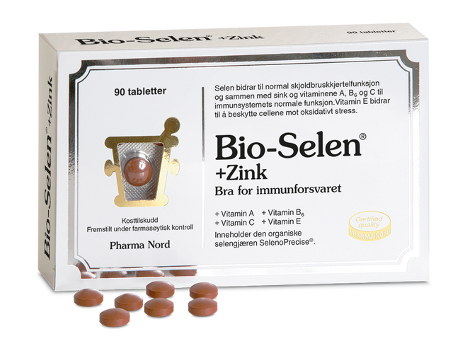 Pharma Nord Bio-Selen+Zink, eske med 90 tabletter og rødbrune tabletter foran Suztain.no