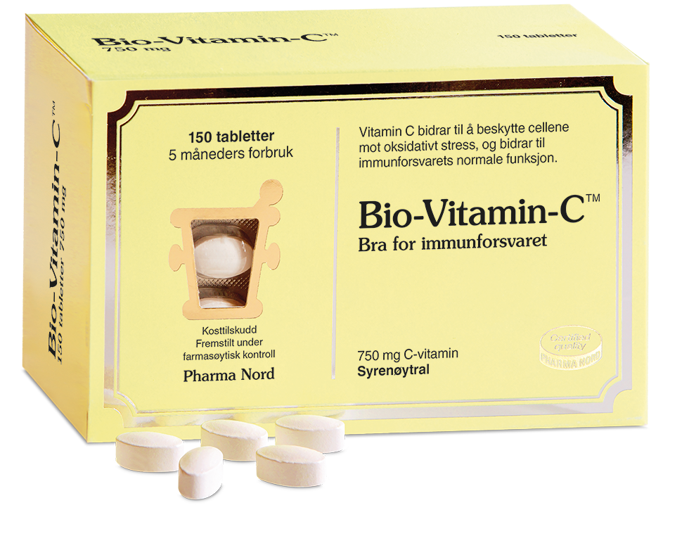 Pharma Nord Bio-Vitamin-C 750 mg, eske med 150 tabletter og lyse tabletter foran