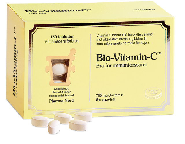 Pharma Nord Bio-Vitamin-C 750 mg, eske med 150 tabletter og lyse tabletter foran Suztain.no
