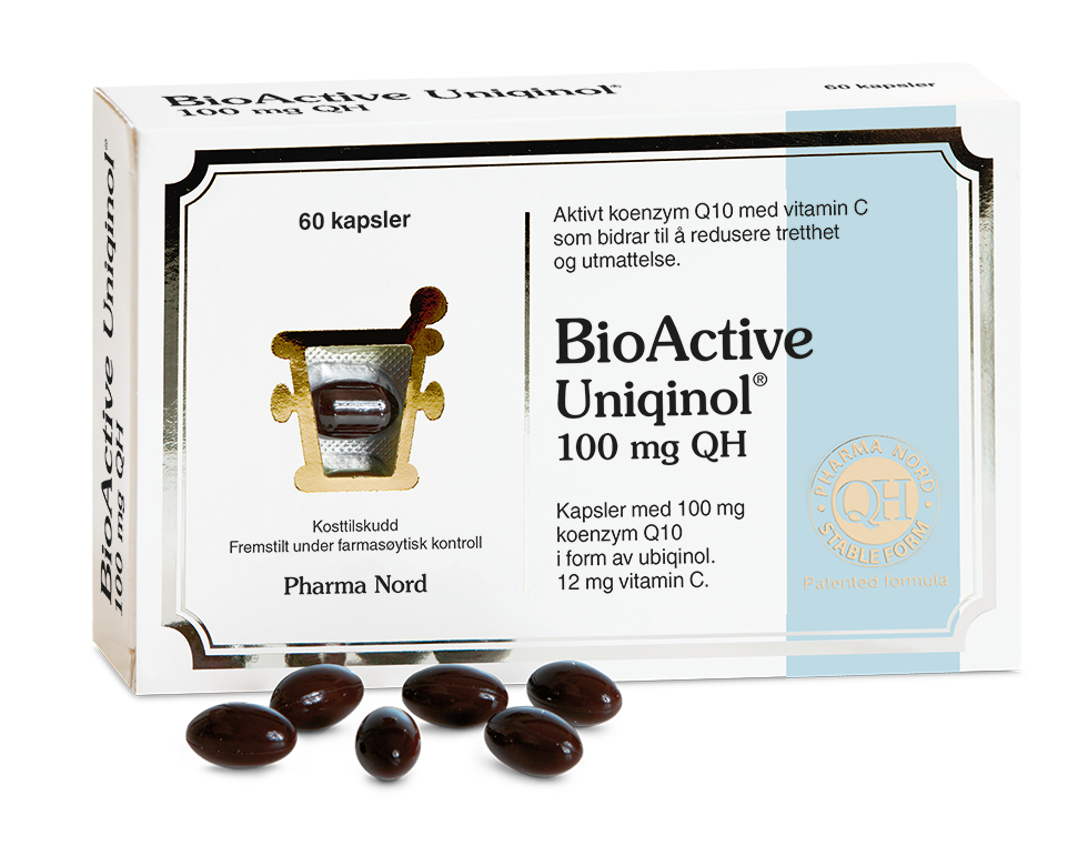 Pharma Nord BioActive Uniqinol 100 mg, eske med 60 kapsler og mørke Q10-kapsler foran
