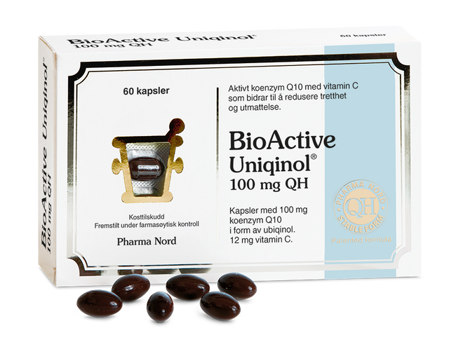 Pharma Nord BioActive Uniqinol 100 mg, eske med 60 kapsler og mørke Q10-kapsler foran Suztain.no