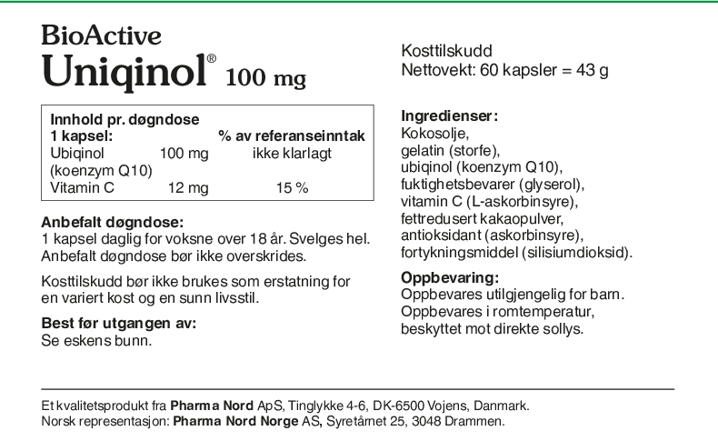 Pharma Nord BioActive Uniqinol 100 mg, bakside av esken med 60 kapsler og innholdsfortegnelse