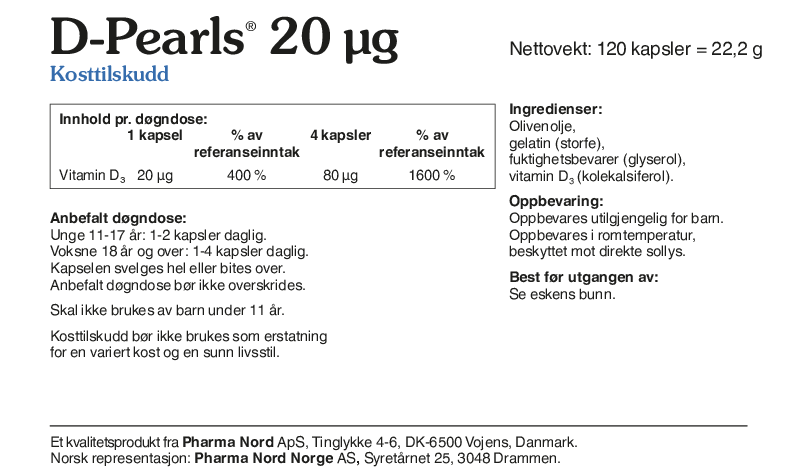 Pharma Nord D-Pearls 20 µg, bakside av esken med 120 kapsler og innholdsfortegnelse