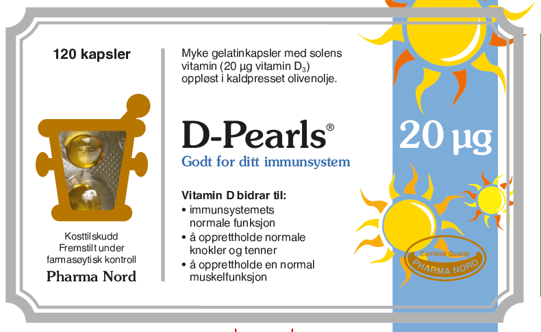 Pharma Nord D-Pearls 20 µg, forside av blå eske med 120 kapsler
