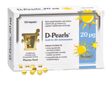 Pharma Nord D-Pearls 20 µg, eske med 120 kapsler og gule D-perler foran