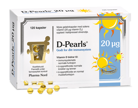 Pharma Nord D-Pearls 20 µg, eske med 120 kapsler og gule D-perler foran