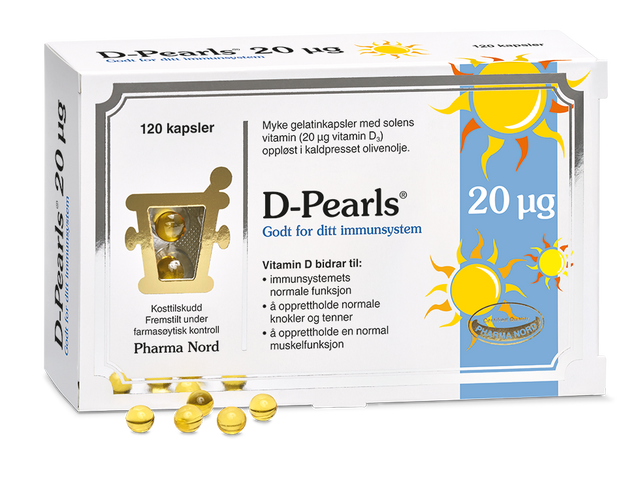 Pharma Nord D-Pearls 20 µg, eske med 120 kapsler og gule D-perler foran Suztain.no