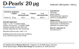 Pharma Nord D-Pearls 20 µg, bakside av esken med 360 kapsler og innholdsfortegnelse