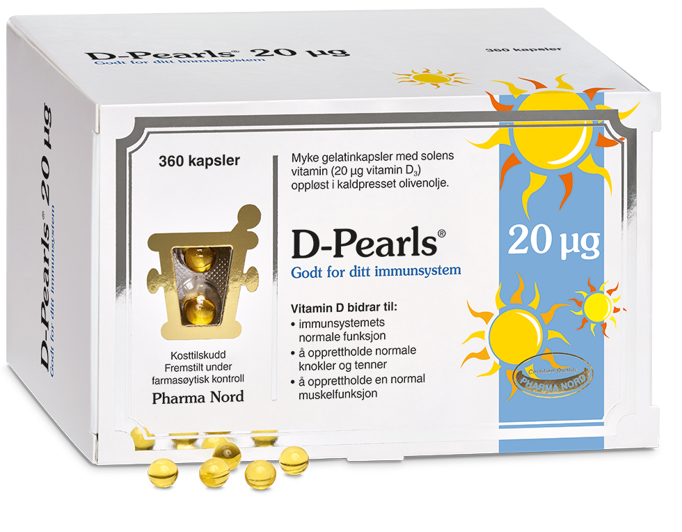 Pharma Nord D-Pearls 20 µg, eske med 360 kapsler og gule D-perler foran