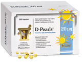 Pharma Nord D-Pearls 20 µg, eske med 360 kapsler og gule D-perler foran