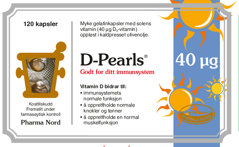 Pharma Nord D-Pearls 40 µg, forside av blå eske med 120 kapsler