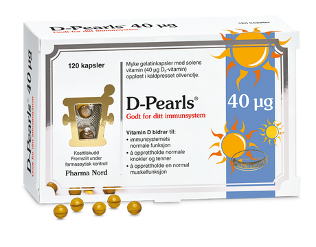 Pharma Nord D-Pearls 40 µg, eske med 120 kapsler og gule D-perler foran