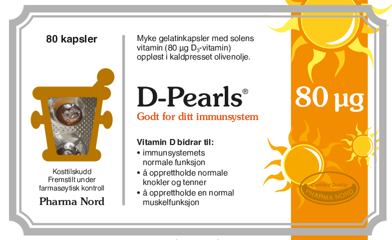 Pharma Nord D-Pearls 80 µg, forside av hvit eske med 80 kapsler