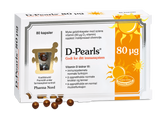 Pharma Nord D-Pearls 80 µg, eske med 80 kapsler og amberfargede D-perler foran