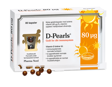 Pharma Nord D-Pearls 80 µg, eske med 80 kapsler og amberfargede D-perler foran