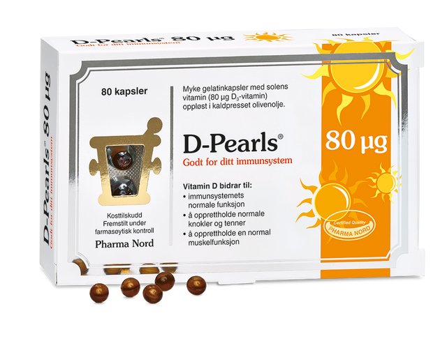 Pharma Nord D-Pearls 80 µg, eske med 80 kapsler og amberfargede D-perler foran Suztain.no