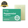 Friendly Soap Peppermint & Poppy Seeds-såpestykke (95 g) i grønn emballasje, gullvinner av The Green Parent Natural Beauty Awards 2024. 100 % naturlig, vegansk og plastfri – gir frisk duft og skånsom peeling