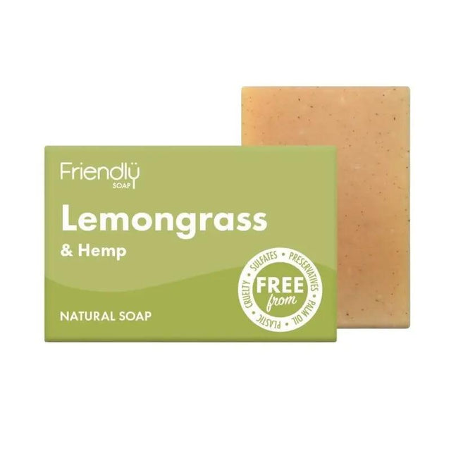 Friendly Soap Sitrongress & Hamp-såpestykke (95 g) i grønn emballasje. 100 % naturlig, vegansk og plastfri – gir en frisk, oppkvikkende duft og fuktighetsgivende pleie. Suztain.no