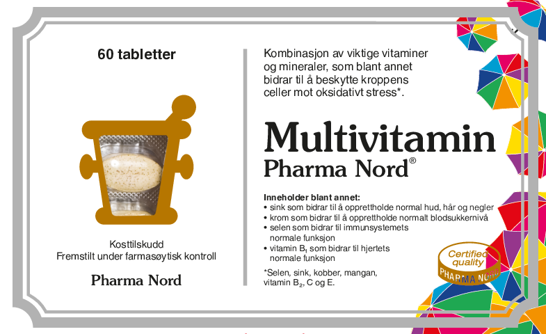 Pharma Nord Multivitamin, forside av hvit eske med 60 tabletter