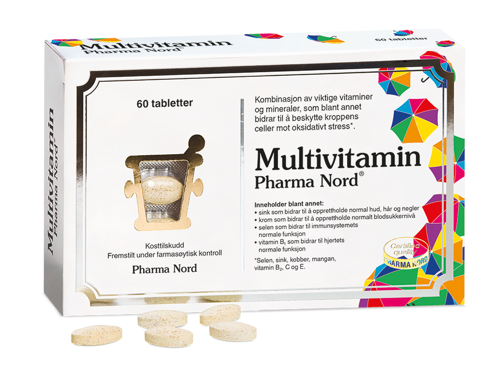 Pharma Nord Multivitamin, eske med 60 tabletter og lysebrune tabletter foran