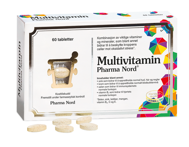 Pharma Nord Multivitamin, eske med 60 tabletter og lysebrune tabletter foran Suztain.no