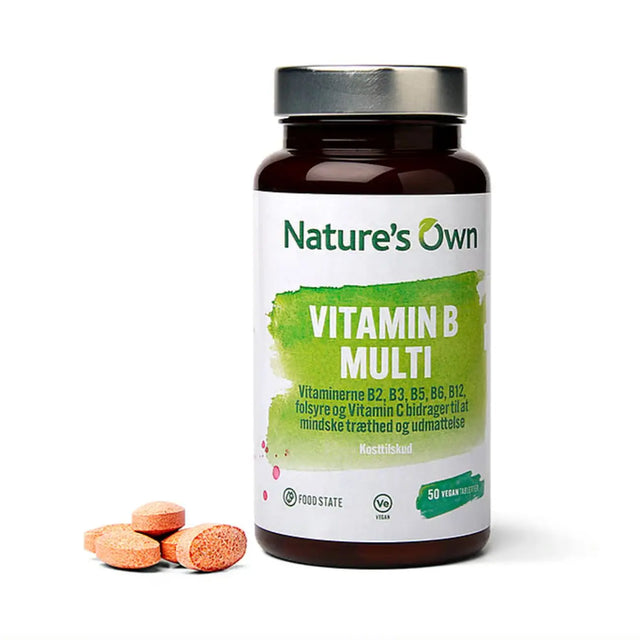 Nature’s Own Multi Vitamin B Extra (50 kapsler) i brun glassflaske, med B-vitaminer, vitamin C, inositol og kolin for normal energiomsetning og hudhelse. Suztain.no