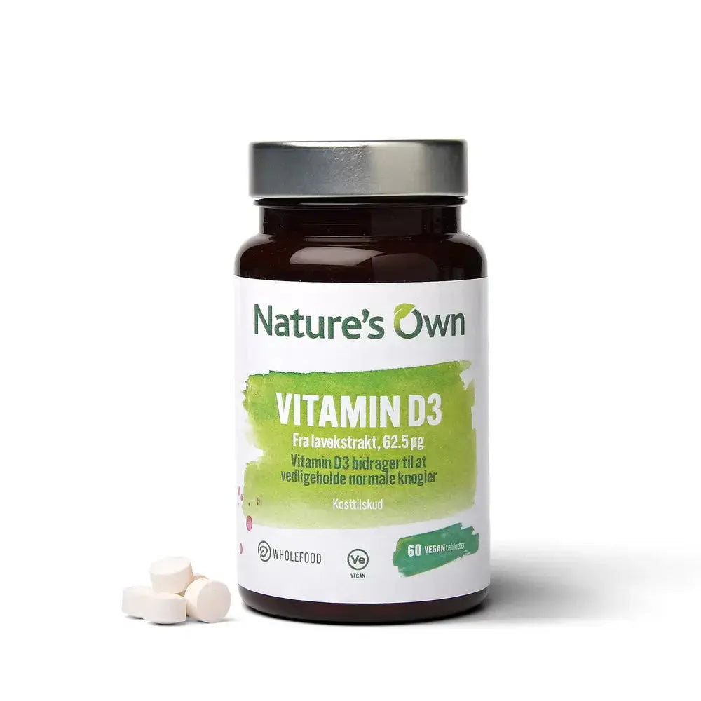 Nature’s Own Vitamin D3 (60 tabletter) i brunt glass: Vegansk D-vitamin fra lav, høydose for normal benhelse og immunfunksjon. 
