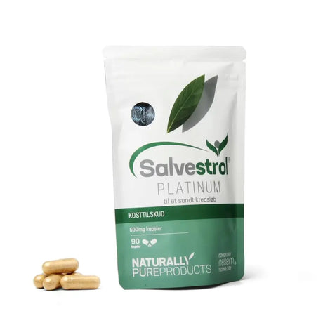 Salvestrol Platinum (90 kapsler) i hvit og grønn pose, basert på vindruekjerne- og salvestrolekstrakter for naturlig antioksidantstøtte og et sunt kretsløp