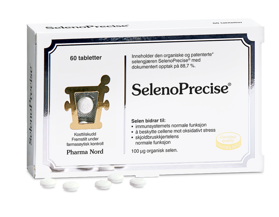 Pharma Nord SelenoPrecise, eske med 60 tabletter og brune tabletter foran