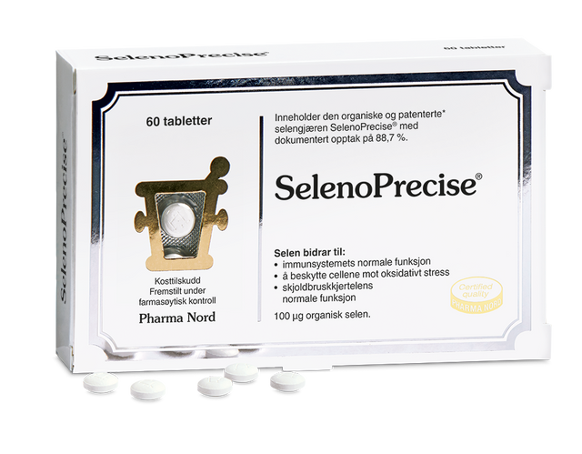 Pharma Nord SelenoPrecise, eske med 60 tabletter og brune tabletter foran Suztain.no
