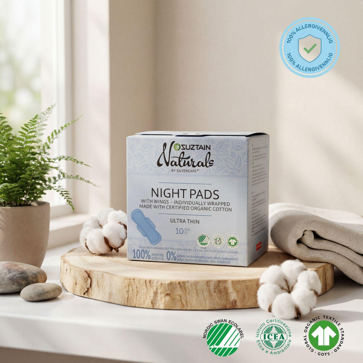 Silvercare® by Suztain Ultratynn med Vinger - Nattbind (10stk)