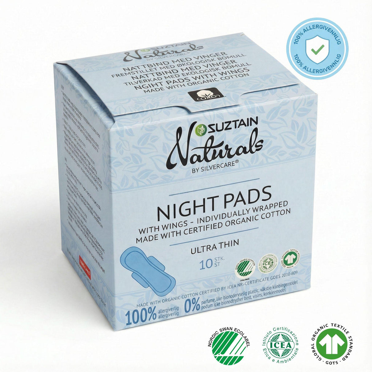 Silvercare® by Suztain Ultratynn med Vinger - Nattbind (10stk)