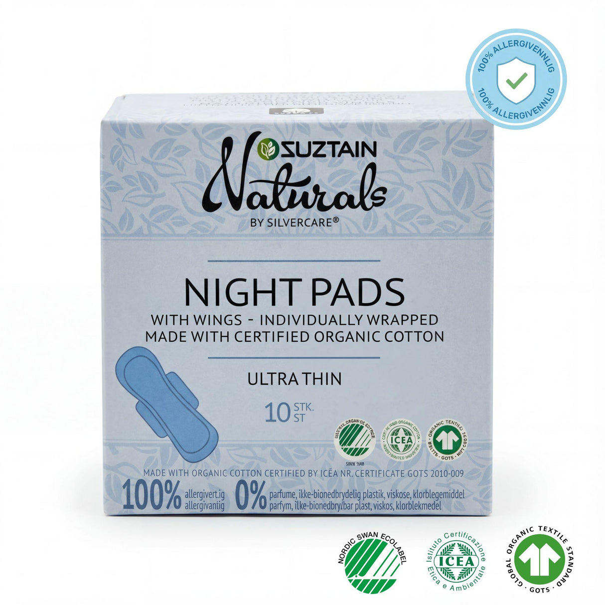 Silvercare® by Suztain Ultratynn med Vinger - Nattbind (10stk)