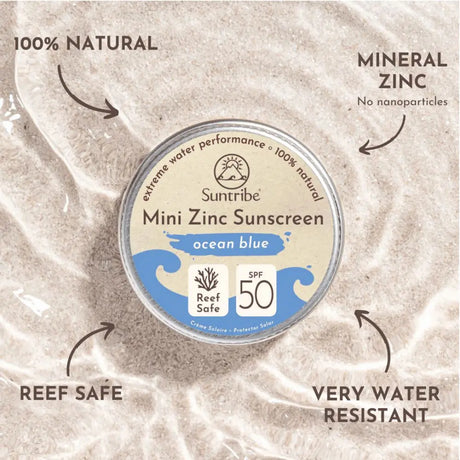 Suntribe Naturlig og økologisk solkrem for ansikt og kropp SPF 50- med Ocean Blue farge. I rund metallboks med beige og Ocean Blue design.
