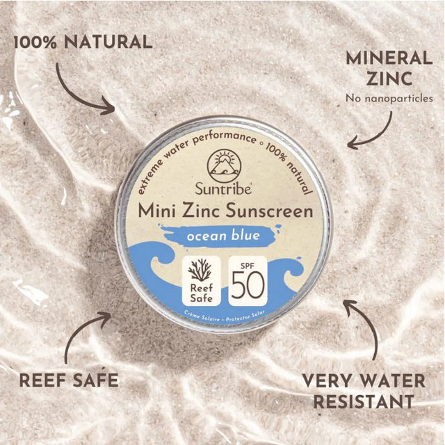 Suntribe Naturlig og økologisk solkrem for ansikt og kropp SPF 50- med Ocean Blue farge. I rund metallboks med beige og Ocean Blue design. Suztain.no