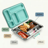 Suztain Matboks i stål med 5 rom, mintfarget lokk, fylt med ulike matvarer