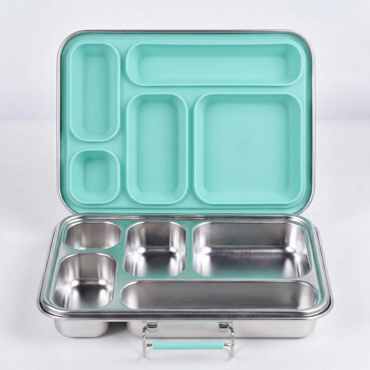 Suztain Matboks i stål med 5 rom i mintfarge, ideell for organisering av lunsj