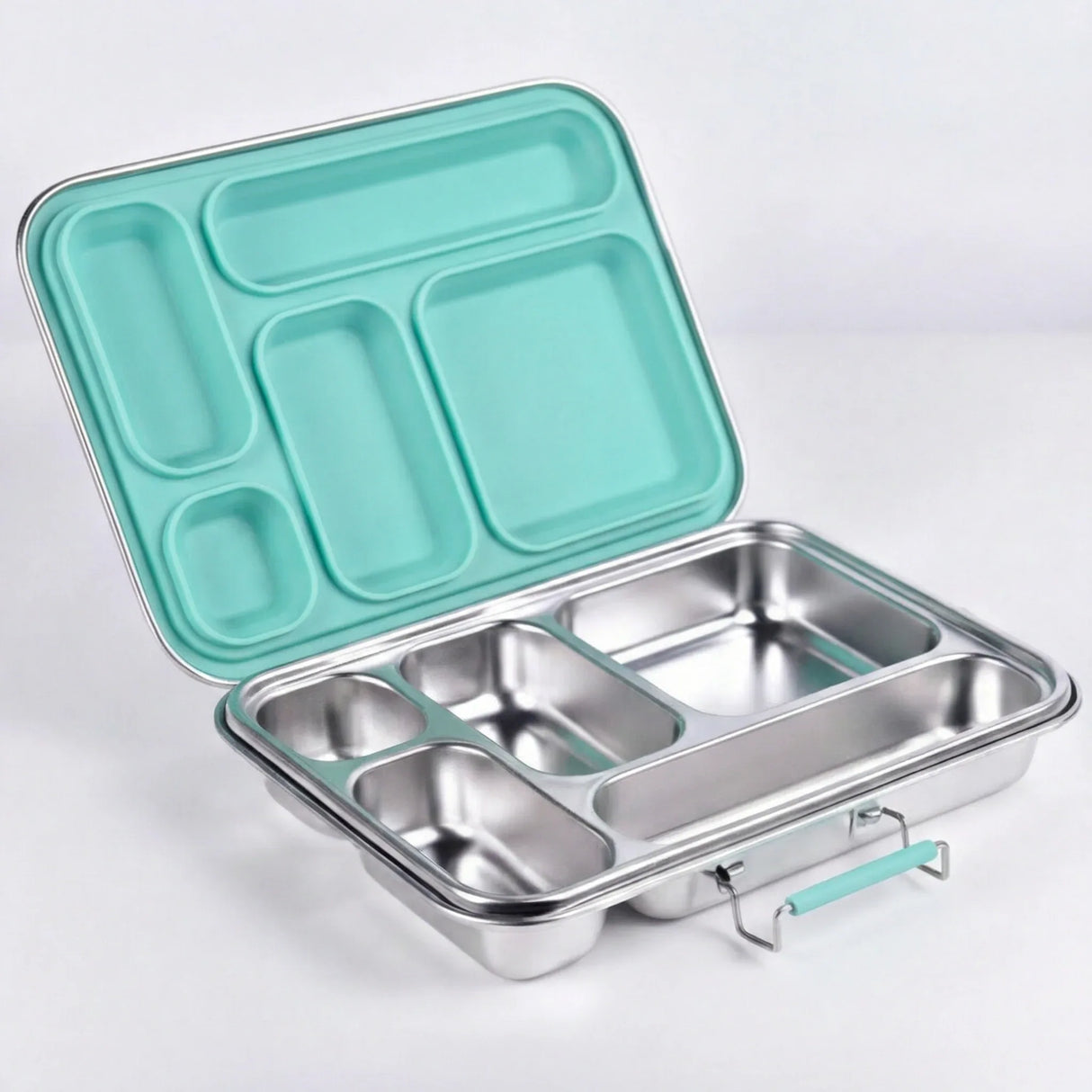 Suztain matboks i stål med 5 rom i mintfarge, åpen visning på hvit bakgrunn.